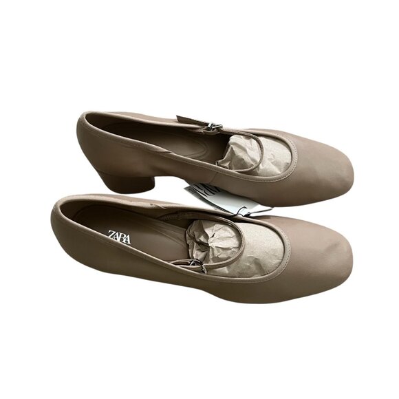 Zara Leather Beige Brown Pumps Mary Jane Style Size 10 Block Heel, Buckled Strap - Picture 5 of 9